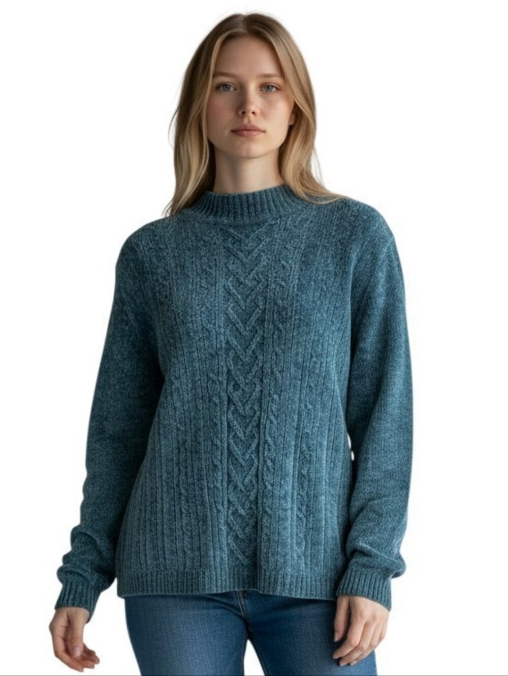 Alfred Dunner Teal Cable-Knit Crewneck Sweater
